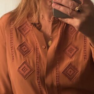 Sezane Limited Edition Silk Women’s Embroidered Button-Front Blouse